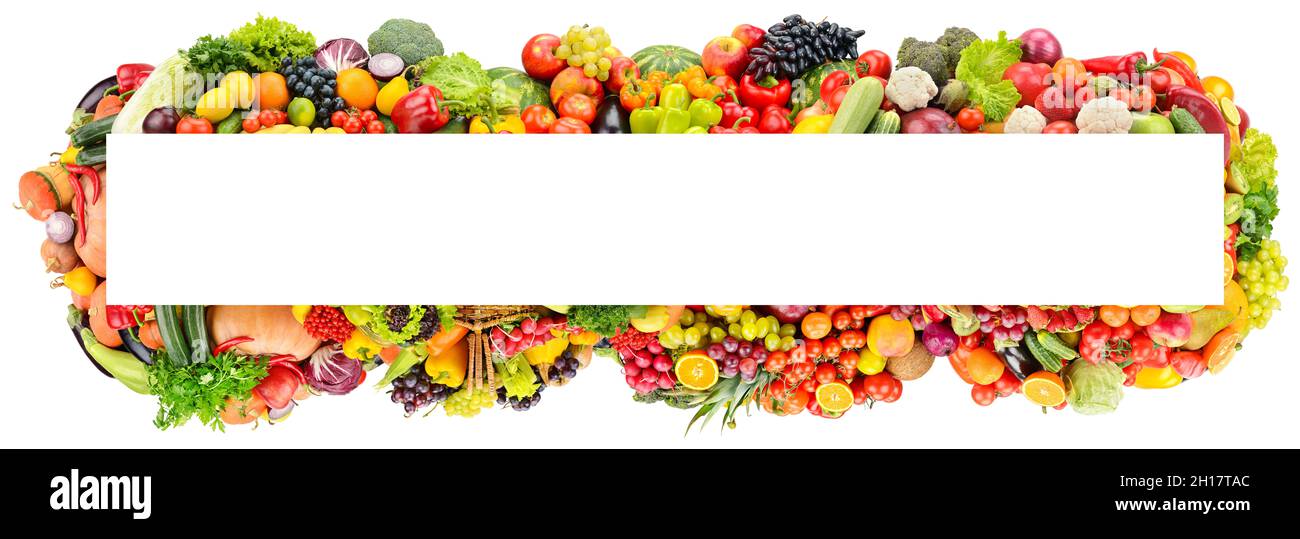 Rectangular wide frame of vegetables and fruits isolated on white background. Stock Photo
