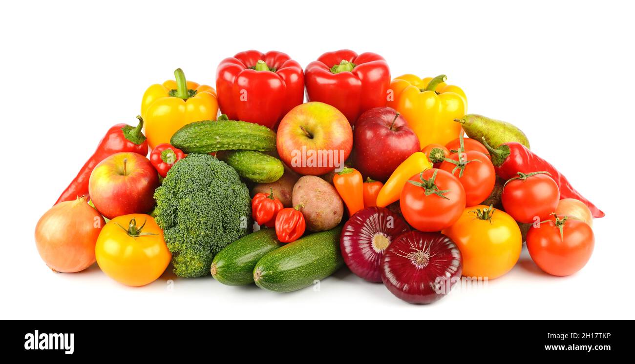 Composition of ripe and fresh vegetables and fruits isolated on white background. Stock Photo