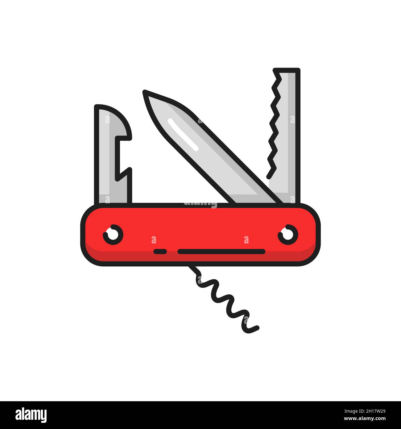 Foldable swiss pocket knife with open blades, isolated line icon. Vector penknife multi-tool with opener and screw, multifunctional instrument, campin Stock Vector