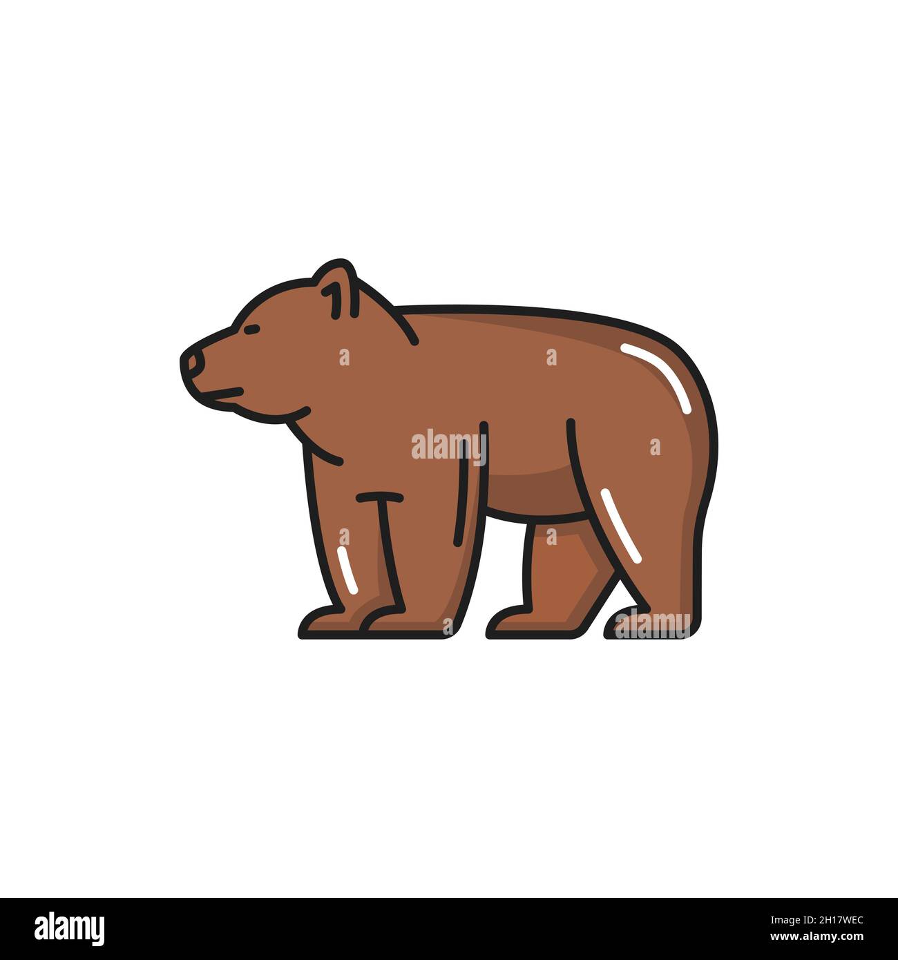 Wild animal isolated Swiss brown bear side view, flat line icon. Vector ursus predator, wildlife big beast. Wild animal standing, siberian or american Stock Vector