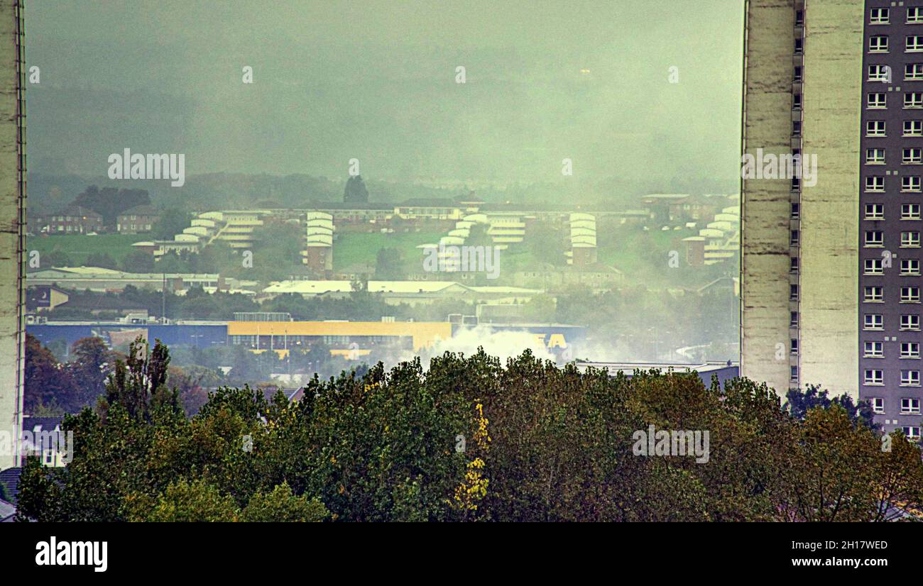 Glasgow, Scotland, UK 17th October, 2021. Police announce death of man in yesterdays fire in Ardsloy Place, Scotstoun near Dumbarton road as smoke could be seen from miles away hanging over the city.   Gerard Ferry/Alamy Live News Stock Photo