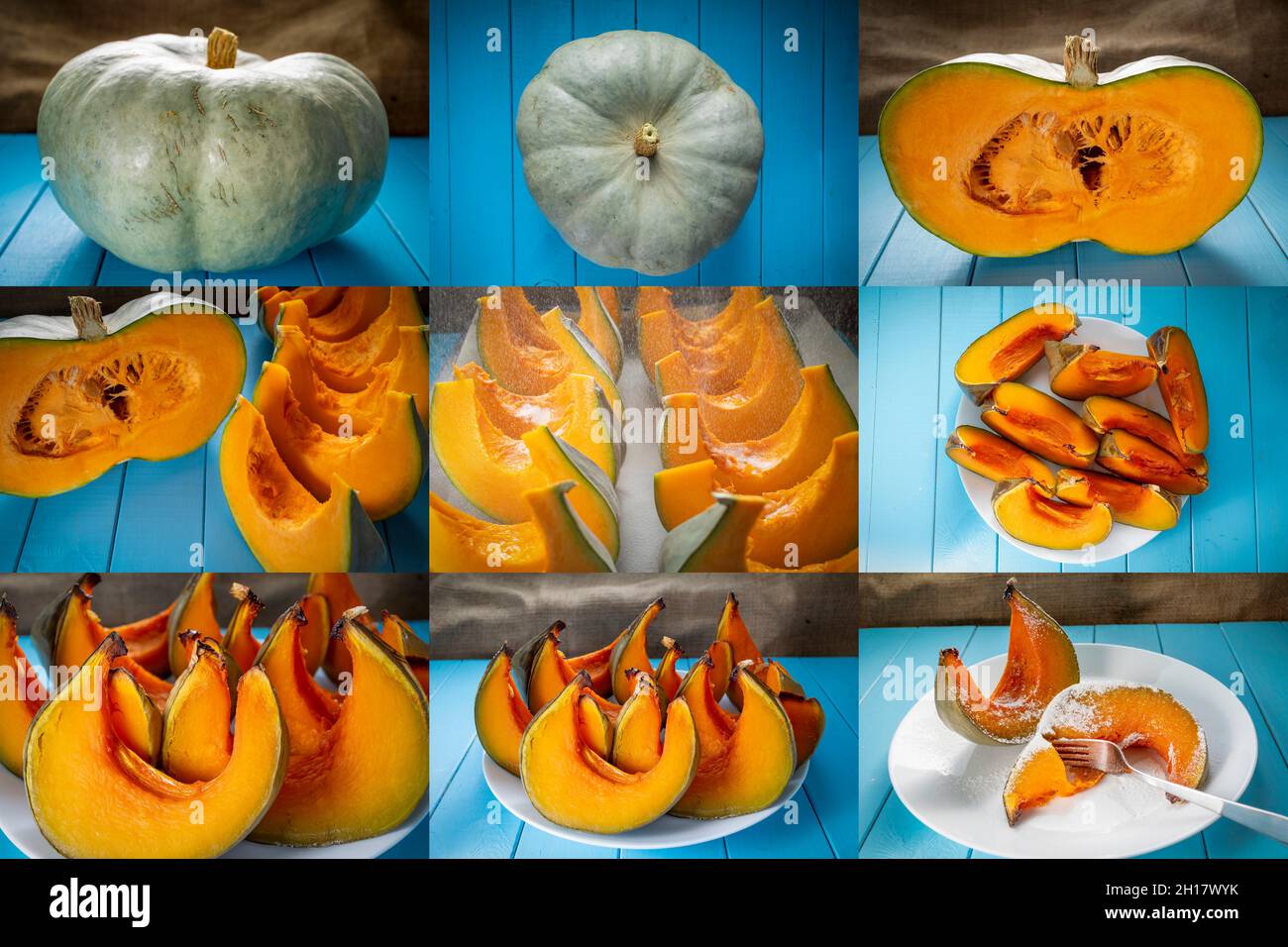 Sweet pumpkin Prince Crown whole process of preparation in one image. Oven baked sweet squash dessert Stock Photo