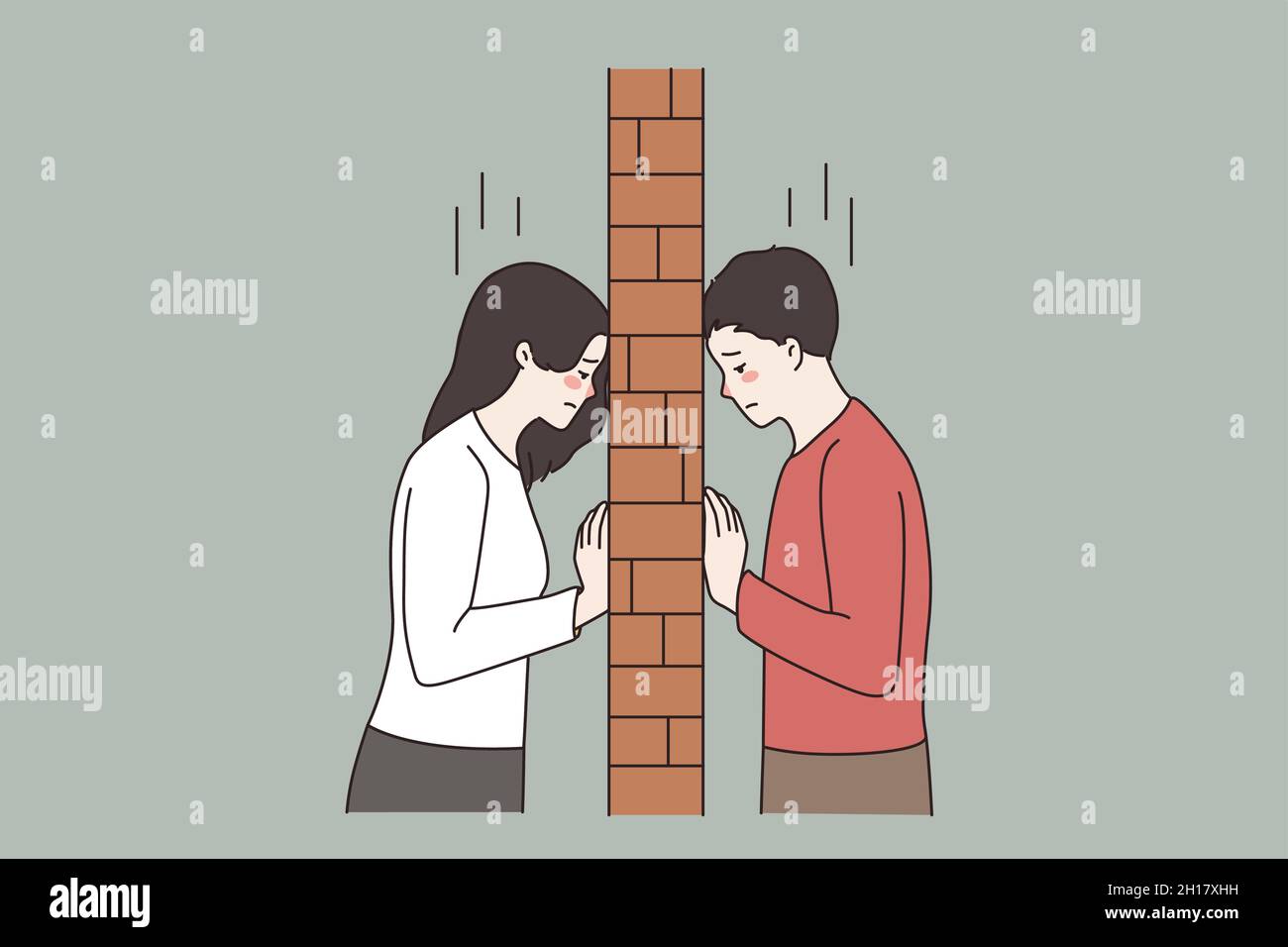 Unhappy young couple separated with brick wall. Upset man and woman lovers divided, have relationship problems. Breakup, divorce, separation. Misunderstanding in family. Vector illustration.  Stock Vector
