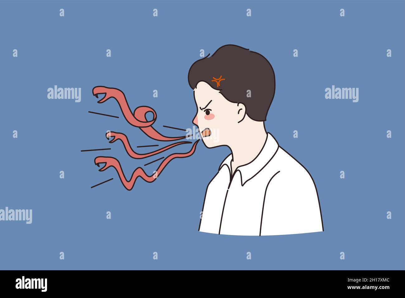 Angry furious man talk snakes and lizards. Mad enraged male talk gossip and lie. Outraged guy long evil tongue speaking. Gossiper, liar. Chatterbox. Cartoon character. Flat vector illustration.  Stock Vector