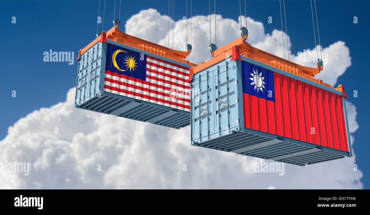 Shipping containers with Malaysia and Taiwan flag. 3D Rendering Stock
