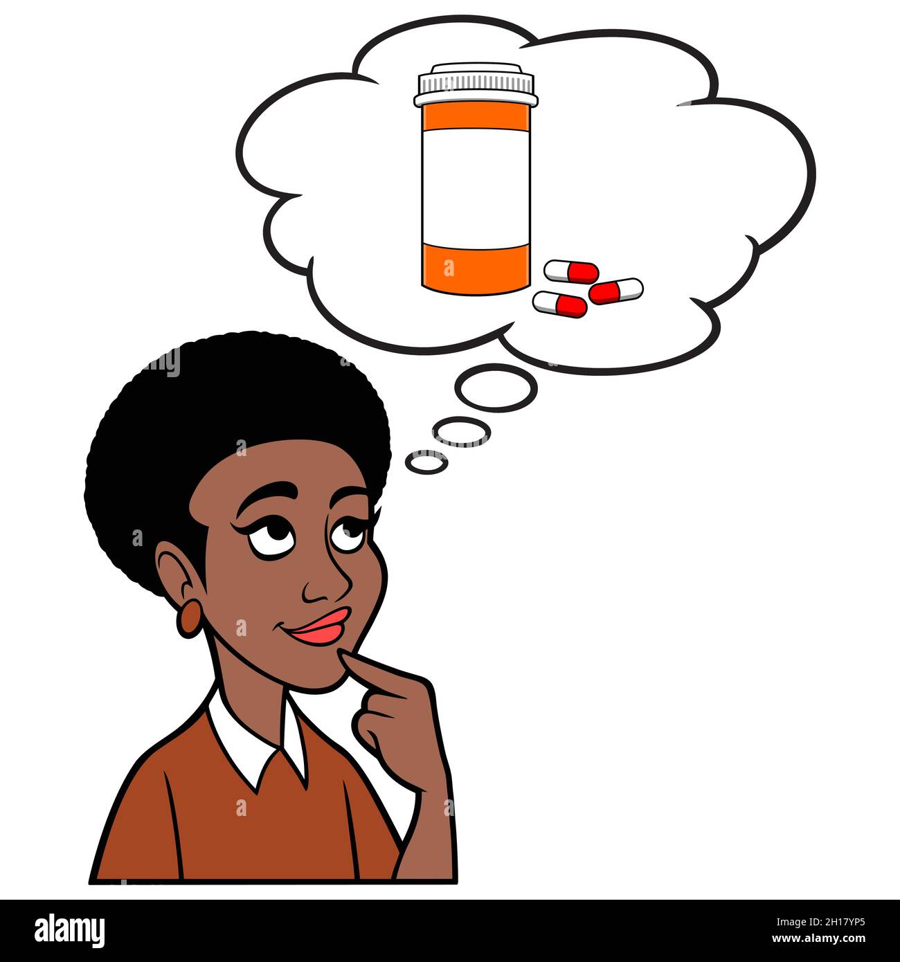 Woman thinking about Prescription Medicine - A cartoon illustration of a Woman thinking about Prescriptions and Drugs. Stock Vector