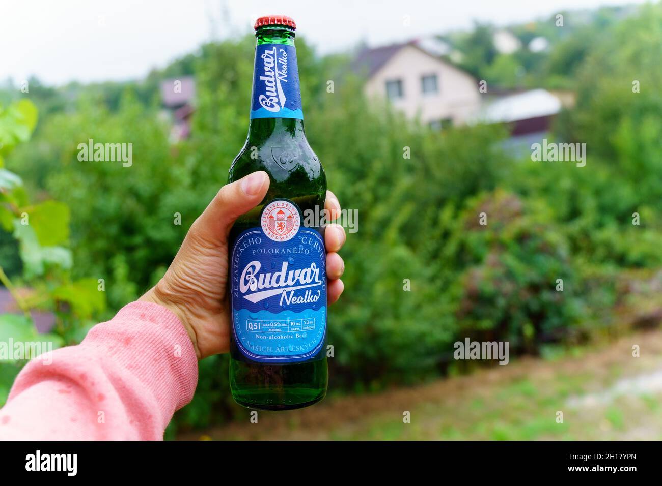 Volzhsky, RussiaSeptember 25, 2021 Budvar nealko nonalcoholic, one