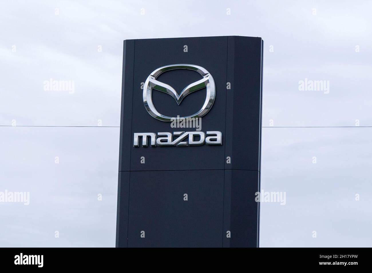 Volzhsky Russia September 25 2021: Mazda logo is a Japanese automaker Volzhsky Russia September 25 2021: Mazda logo is a Japanese automaker