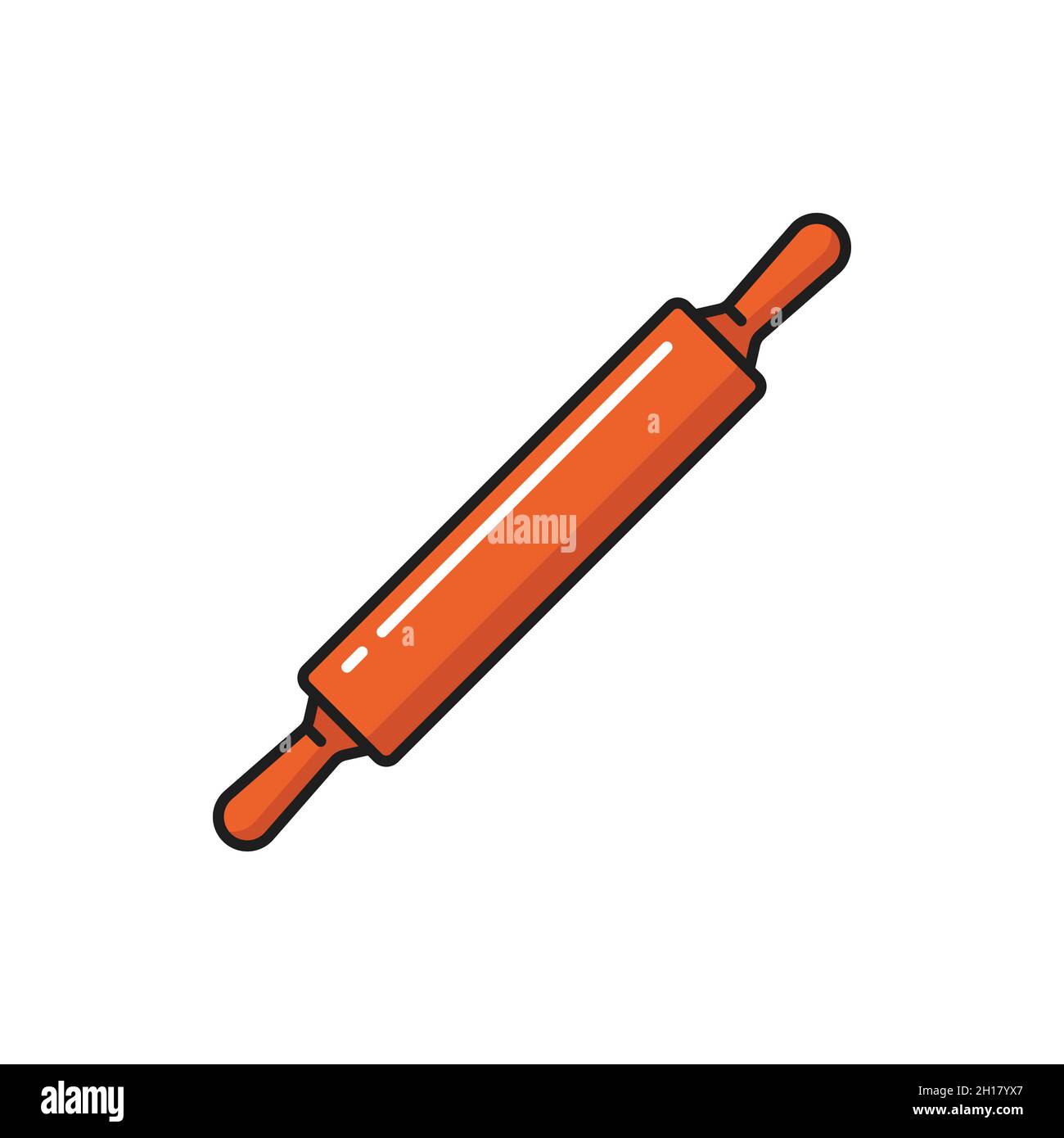Bakery tool, wooden rolling pin with handles isolated red color icon. Vector baker cooking equipment, kitchen utensil, kitchenware item. Bakery tool, Stock Vector
