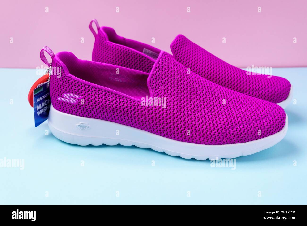 Tyumen, Russia-August 27, 2021: Slip-on shoes for women Skechers Go Walk  Joy purple. Skechers USA, Inc. is an American lifestyle Stock Photo - Alamy