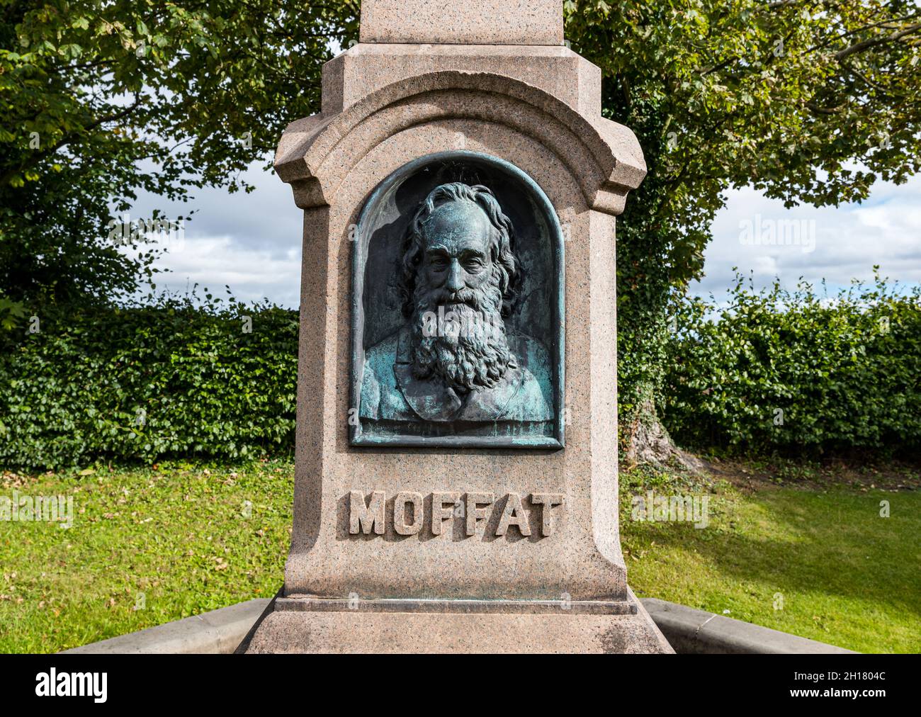 Bronze face on memorial to Scottish missionary Robert Moffat, Ormiston village, East Lothian, Scotland, UK Stock Photo