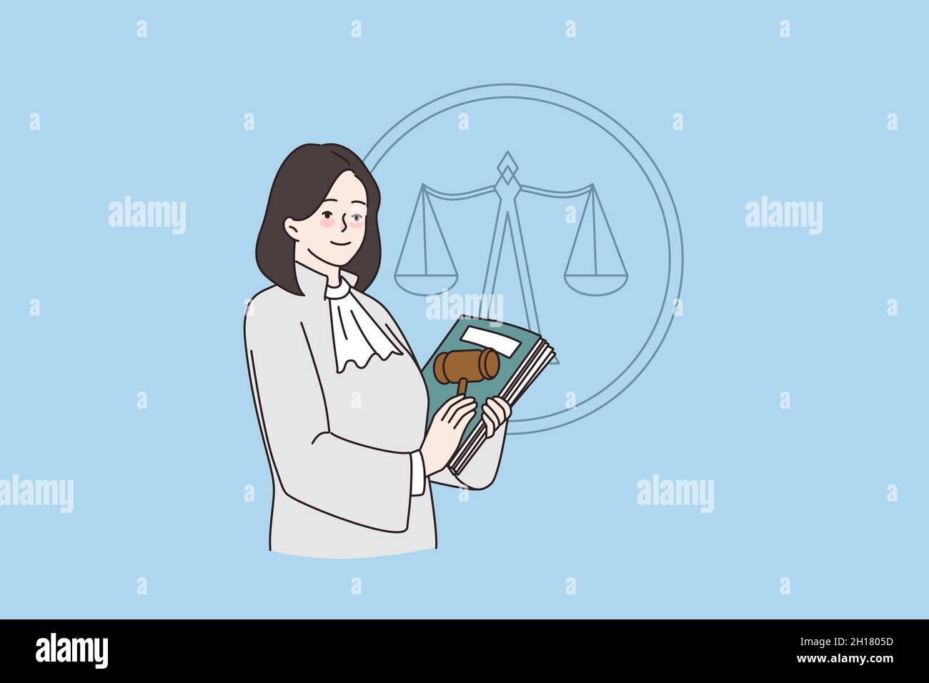 Woman judge with gavel and constitution in court at session. Female lawyer or judicial worker making legal verdict. Law and justice concept. Jurisdiction. Flat vector illustration, cartoon character.  Stock Vector