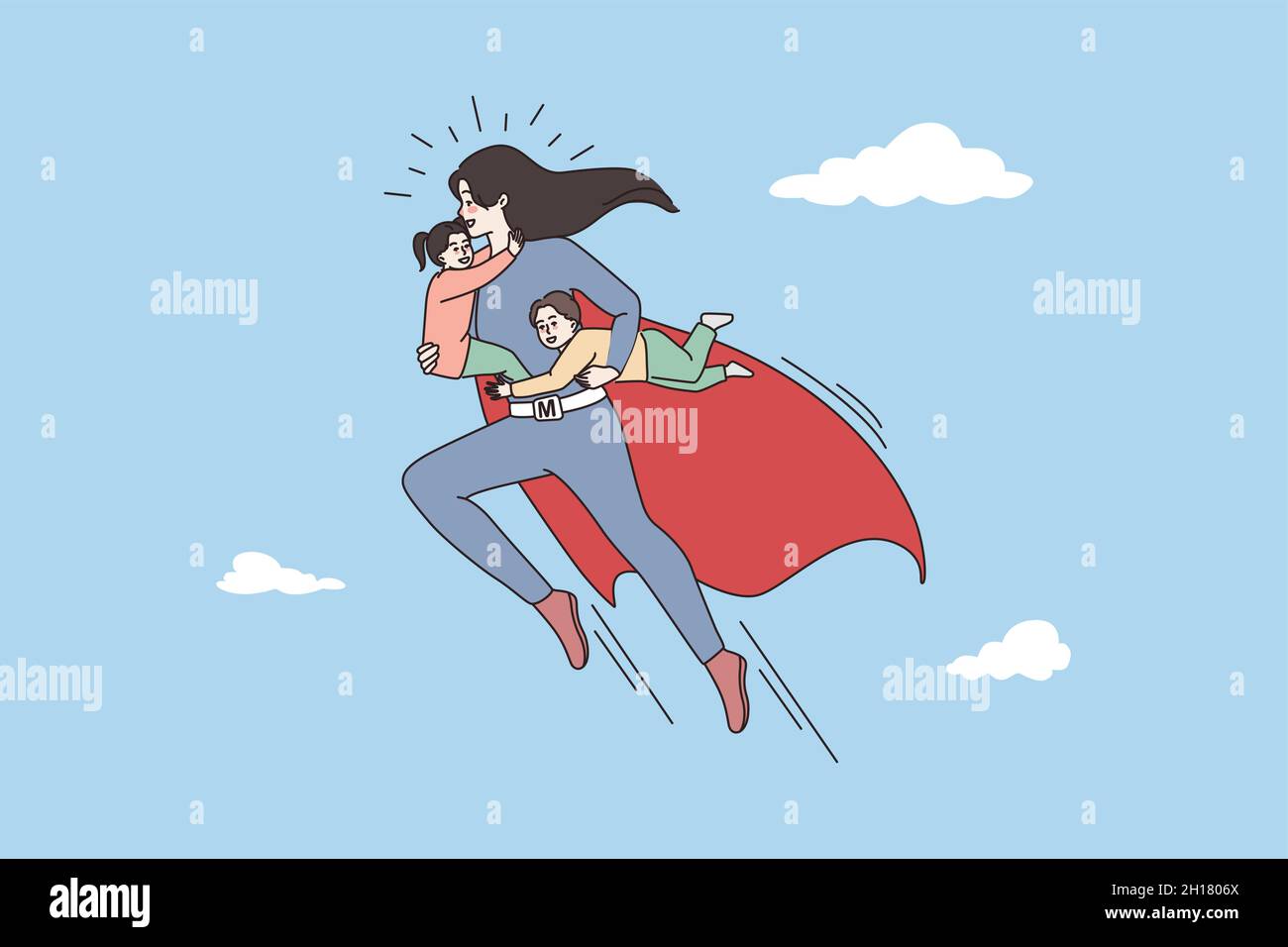 Mother superhero holding children flying solving family problems. Busy young mom super hero with kids rule manage daily routine activity. Motherhood, parenthood concept. Flat vector illustration.  Stock Vector