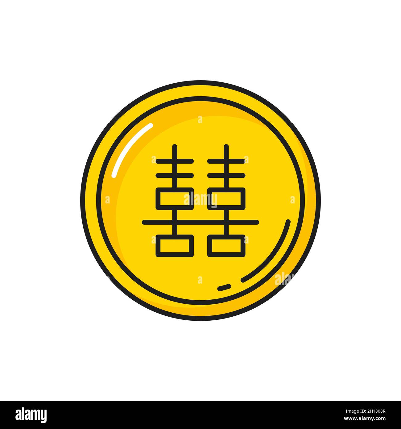 Chinese coin of happiness with hieroglyph isolated line icon. Vector prosperity fortunate sign, golden China cash, kopeck metal currency. East good lu Stock Vector