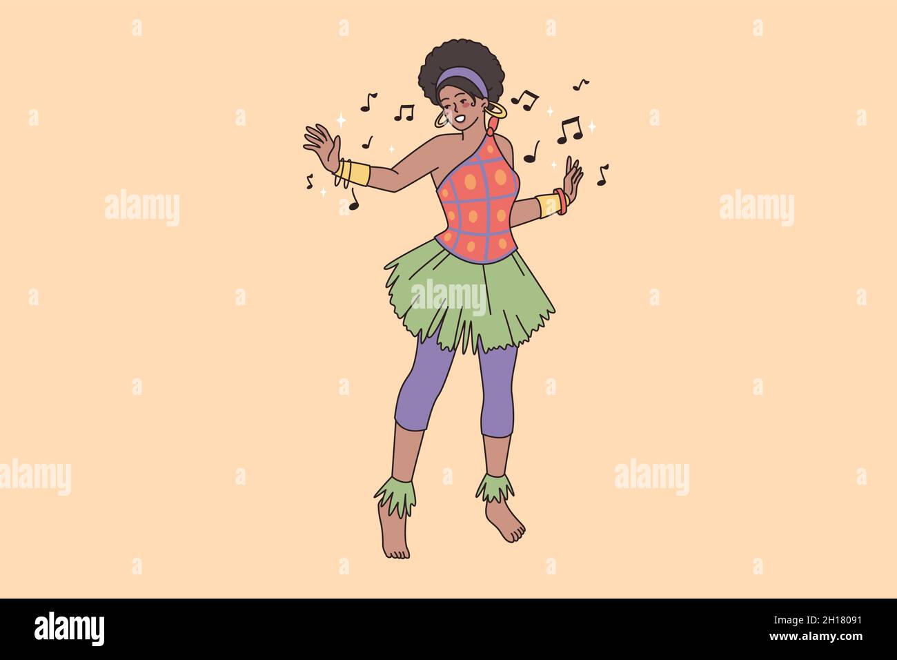 African woman in traditional national costume dance make ritual moves. Tribe ethnic aborigine girl dancer relax enjoy music play. Afro nationality, diversity. Vector illustration, cartoon character. Stock Vector