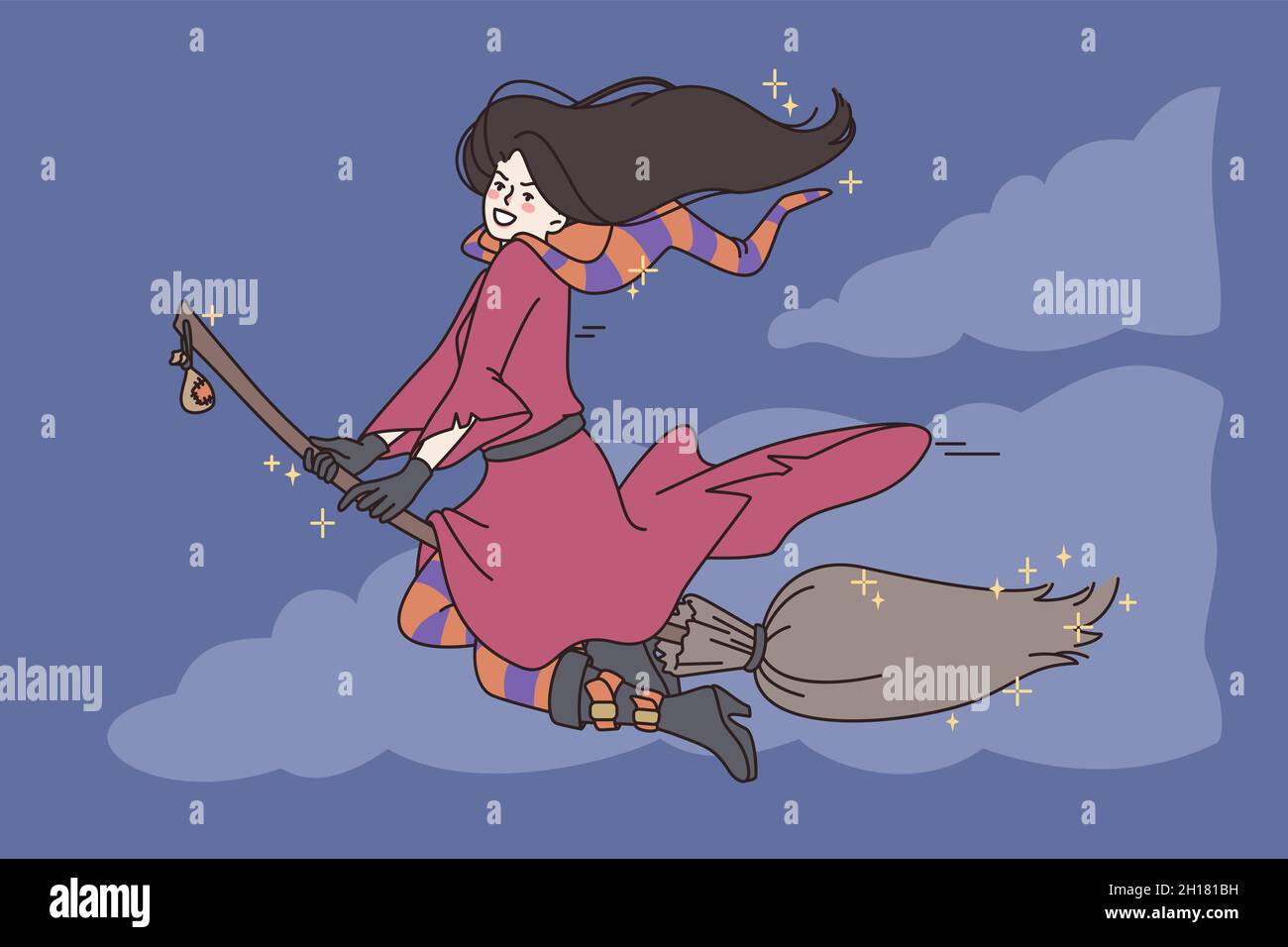 Smiling young witch fly on broom celebrate Halloween. Female woman in costume on broomstick on scary fall October holiday. All saints eve celebration. Flat vector illustration, cartoon character. Stock Vector