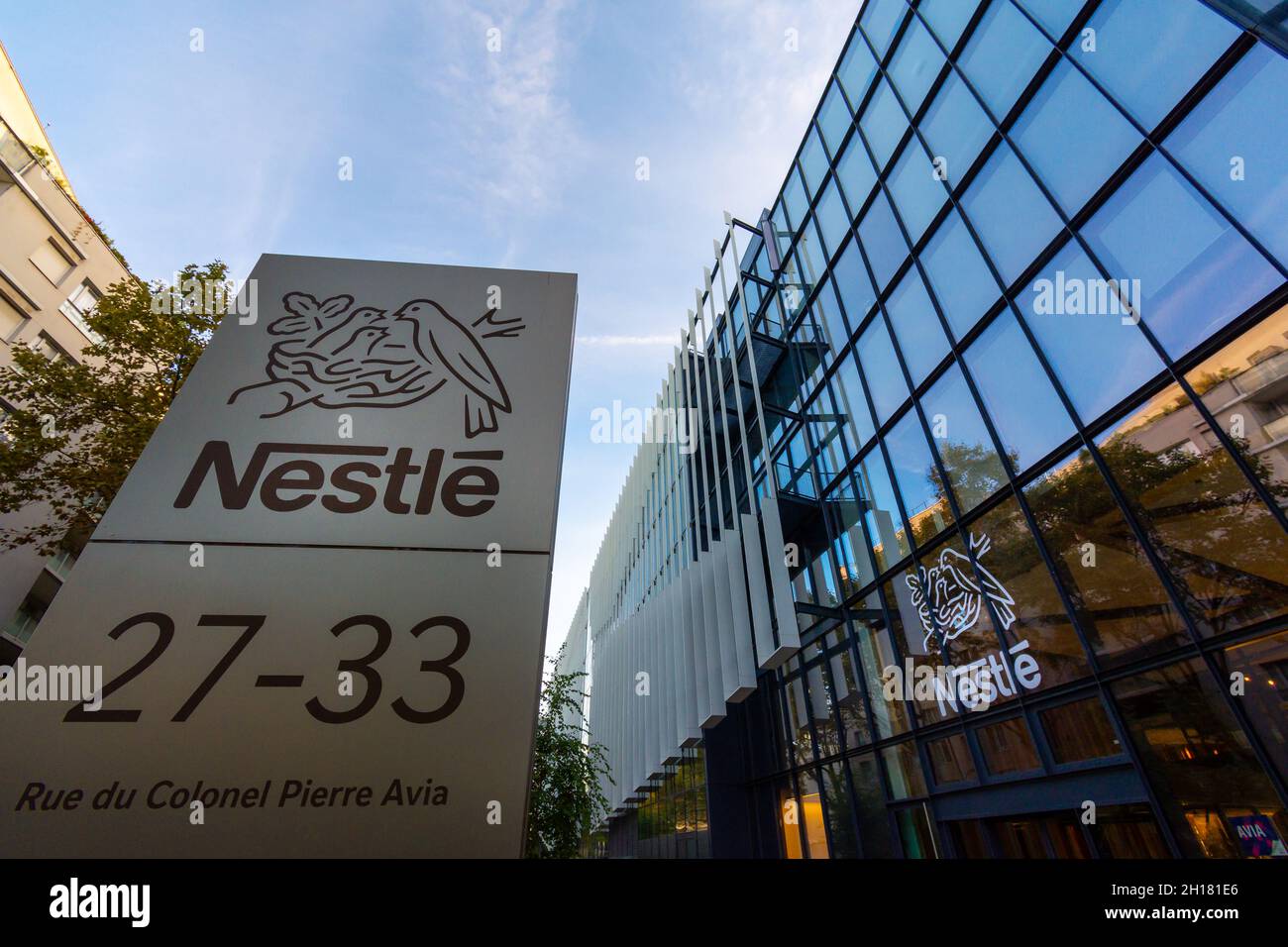 Entrance to the head office of Nestlé France, the French subsidiary of the Swiss multinational Nestlé, the world's leading food company Stock Photo