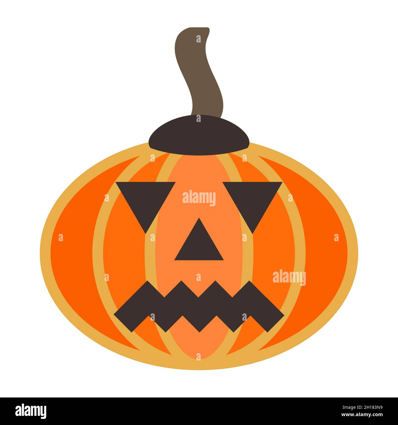 Large, smooth, oval-shaped fleshy pumpkin. Orange squash with stalk. Autumn Halloween or pumpkin for Thanksgiving. Carved sad face on gourd fruit. Omi Stock Vector