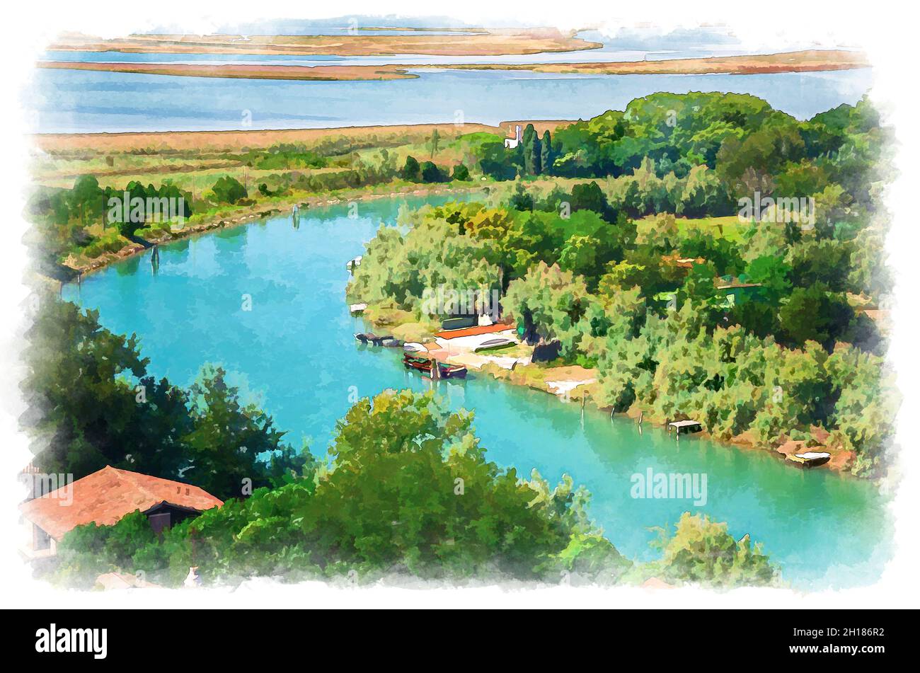 Watercolor drawing of Aerial view of Torcello islands, water canal with fishing boats, green trees and bushes, swamp. View of Venetian Lagoon from bel Stock Photo