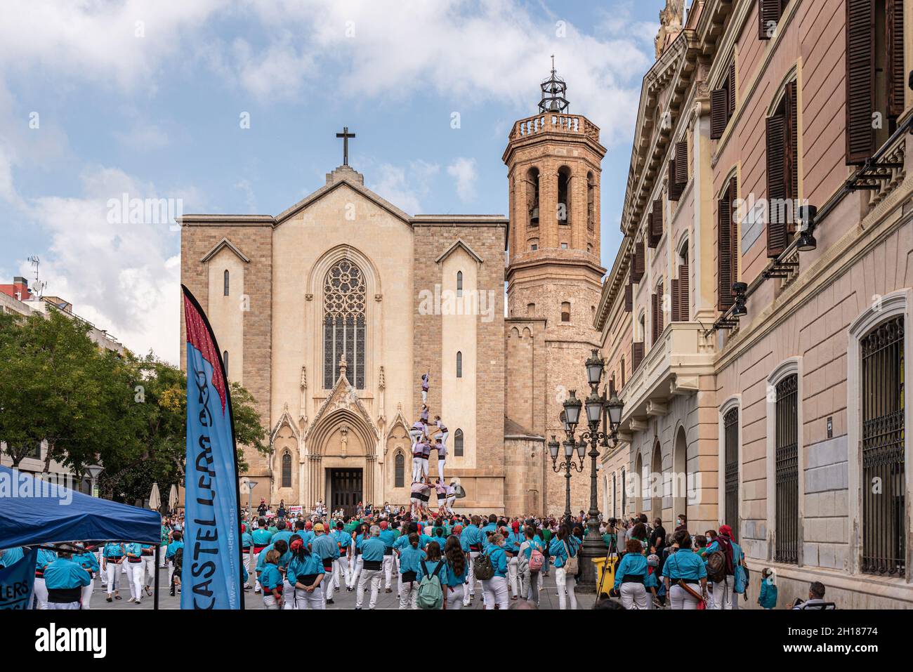 Sabadell - Catalonia, SPAIN - October 17th of 2021: typical catalan human tower competition at Saint Roc square Stock Photo