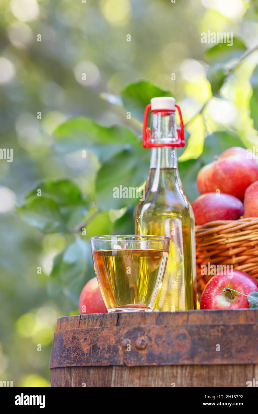 apple cider in glass bottle with swing top outdoors Stock Photo