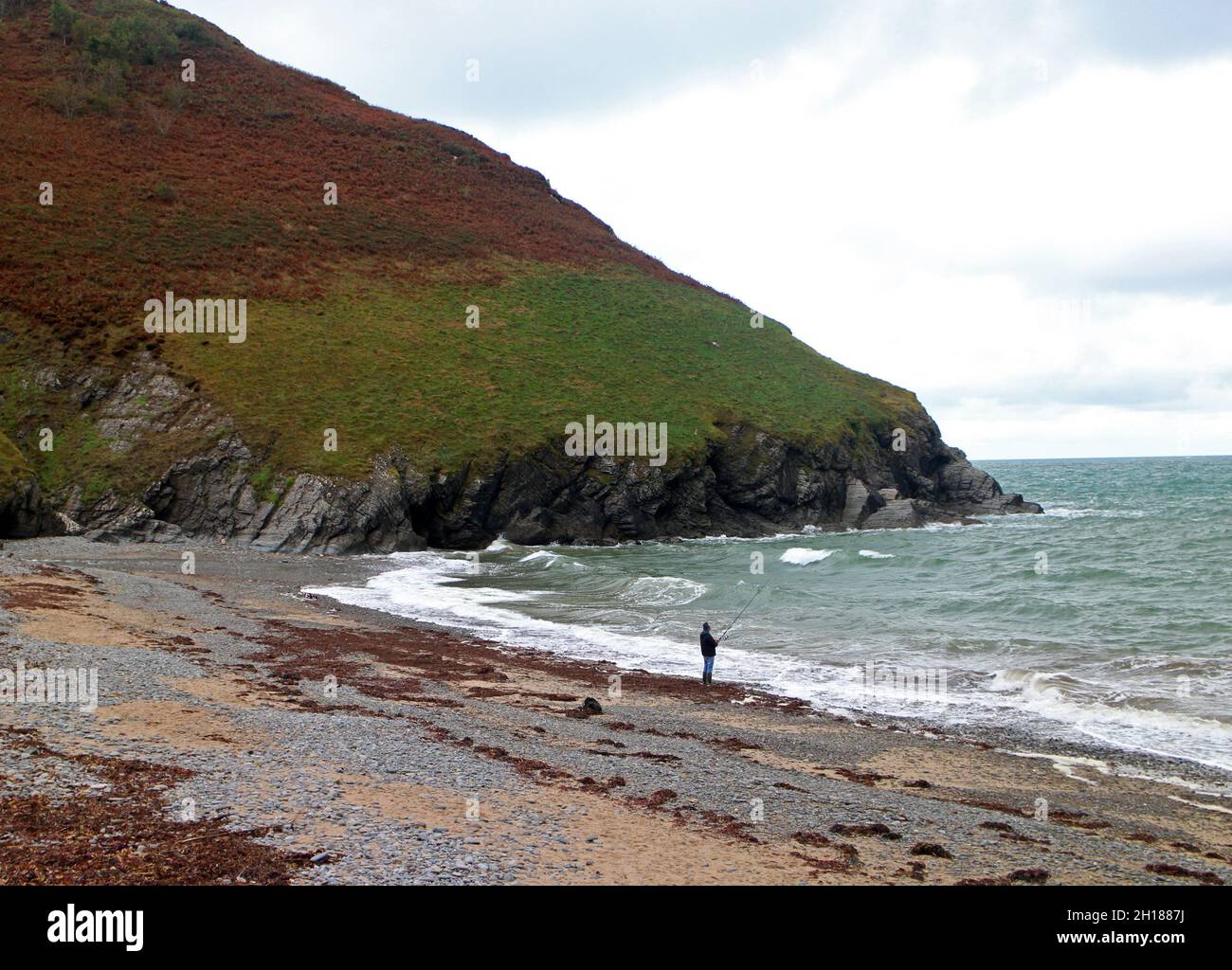 Lone angler fishing on Cwmtydu Cove beach, Ceredigion Stock Photo - Alamy