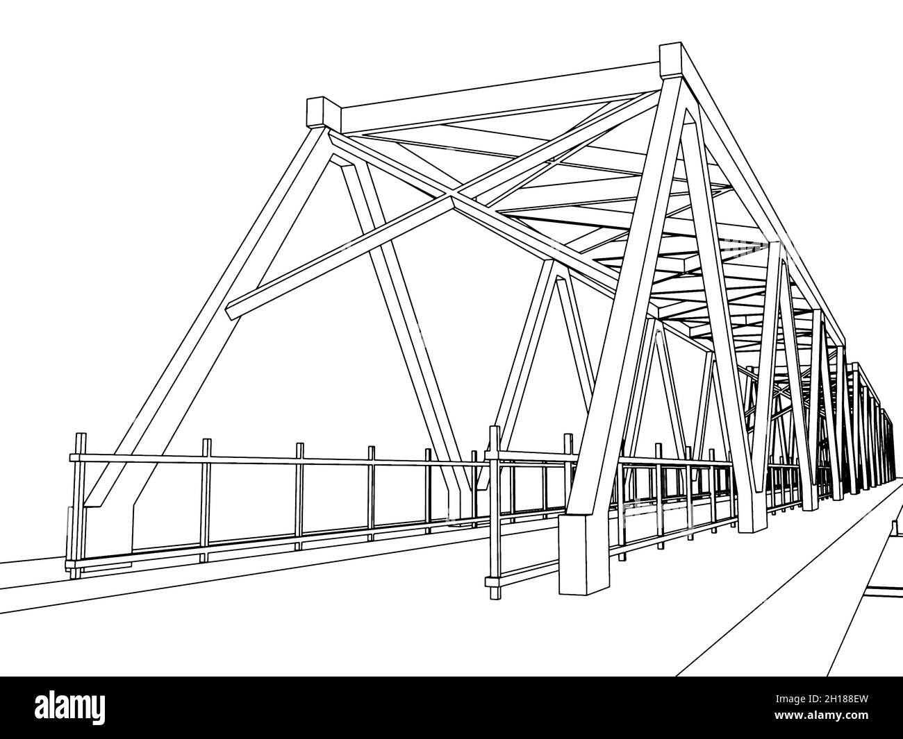 Modern truss bridge model. Outline frame model over white background, 3d rendering illustration Stock Photo