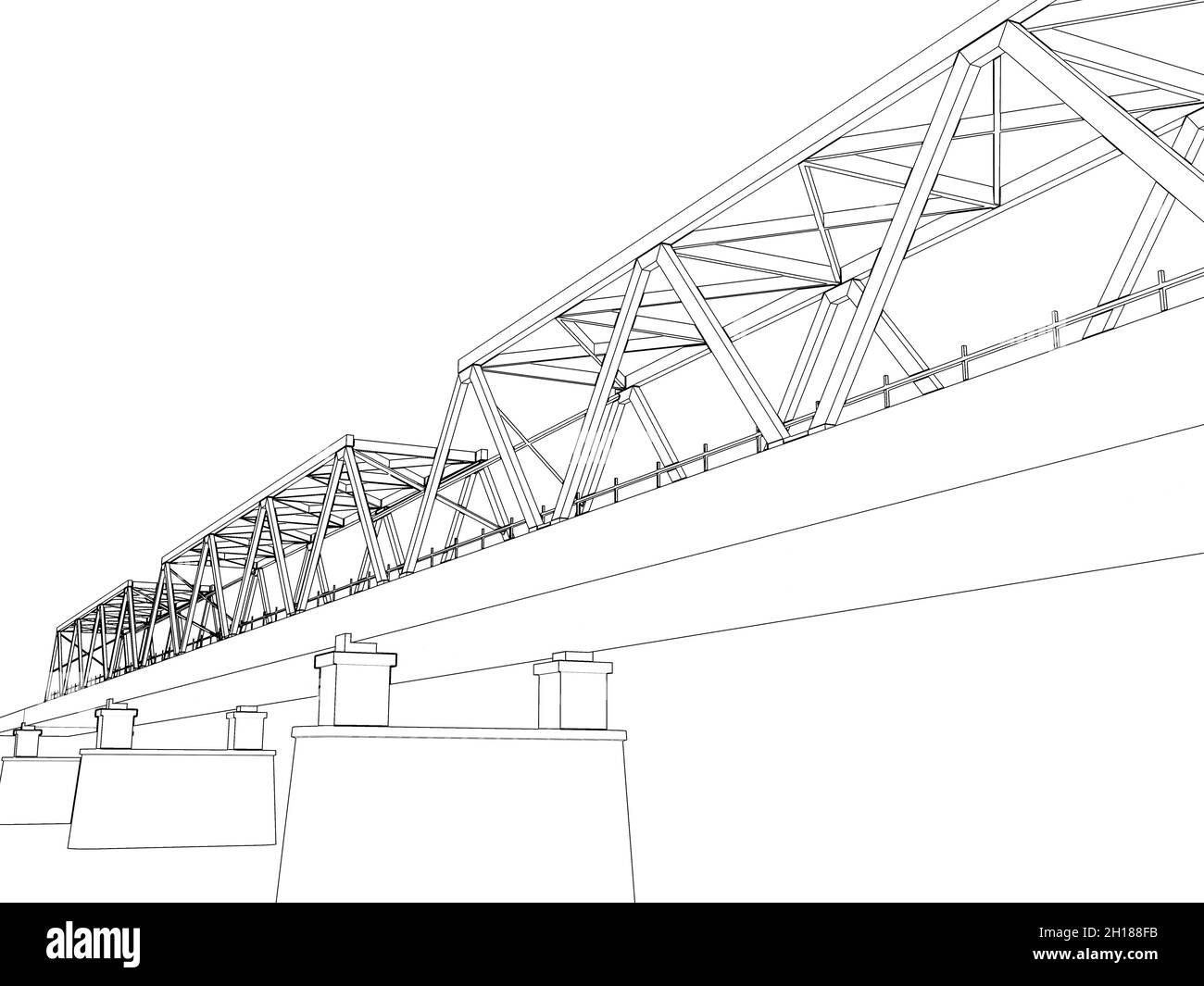 Truss bridge model fragment. Outline frame model over white background, 3d rendering illustration Stock Photo