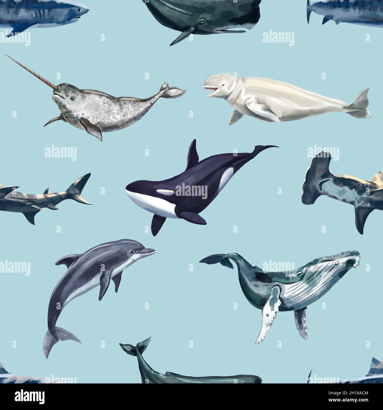 Watercolor whales seamless pattern. Dolphins, Orca, Narval, Beluga, Whales and Shark Stock Photo
