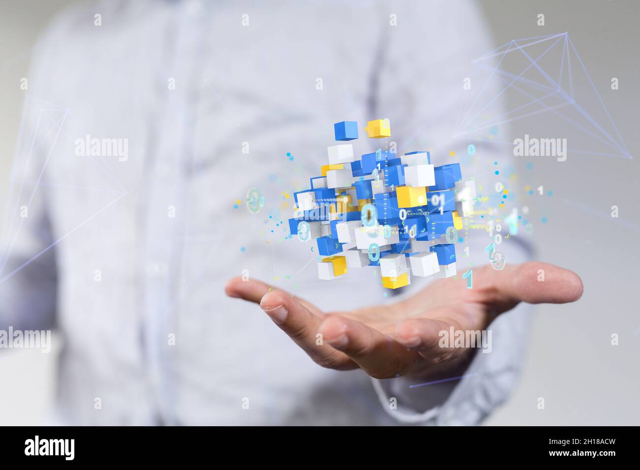 A 3D small data cloud technology. Polygonal wireframe art looks like constellation in a hand Stock Photo