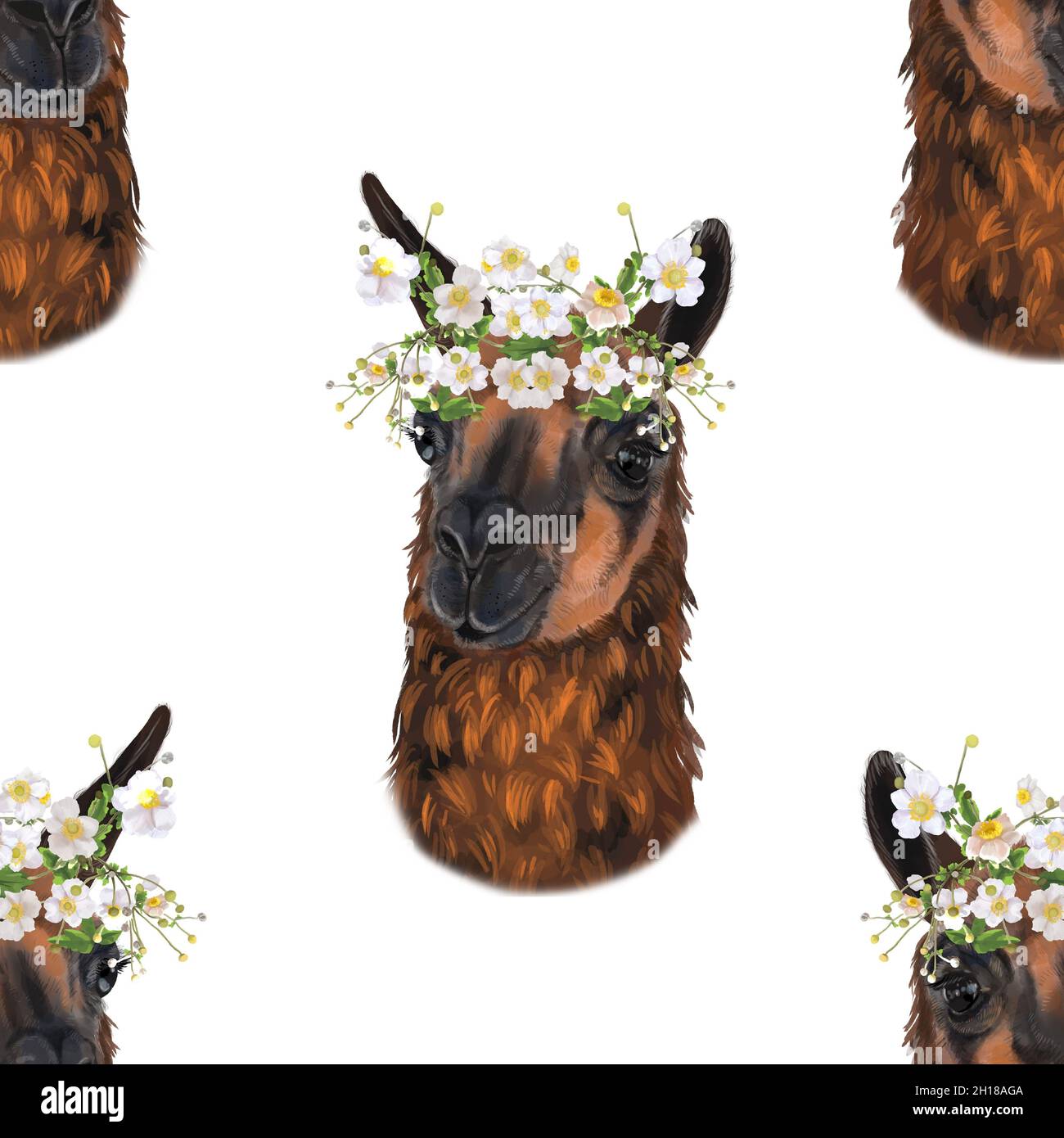 Watercolor seamless pattern of Lama and Alpaca in flowers Stock Photo