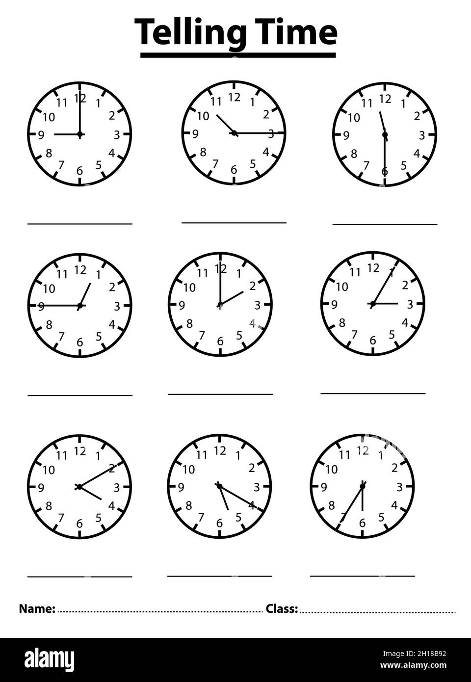 Telling time worksheet for pre school kids. game for child. write time on the clock. Stock Photo