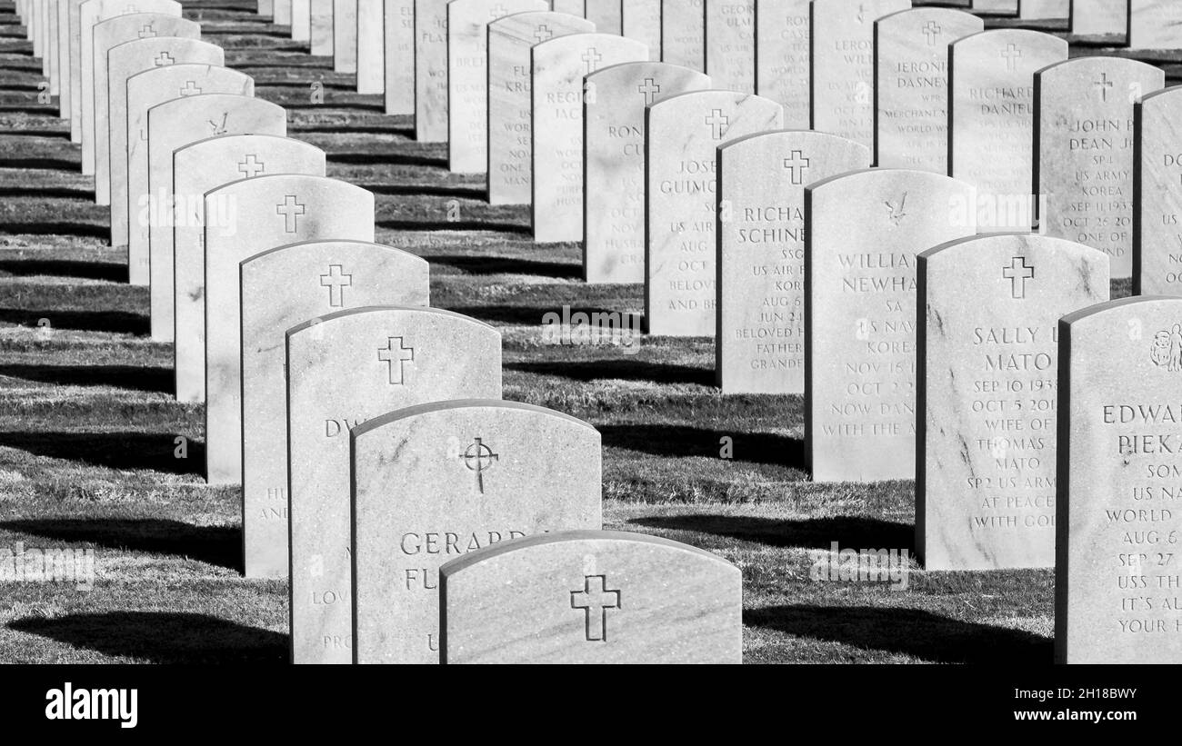 Black and white image of gravestones in the Sarasota National Cemetery in Sarasota Florida USA Stock Photo