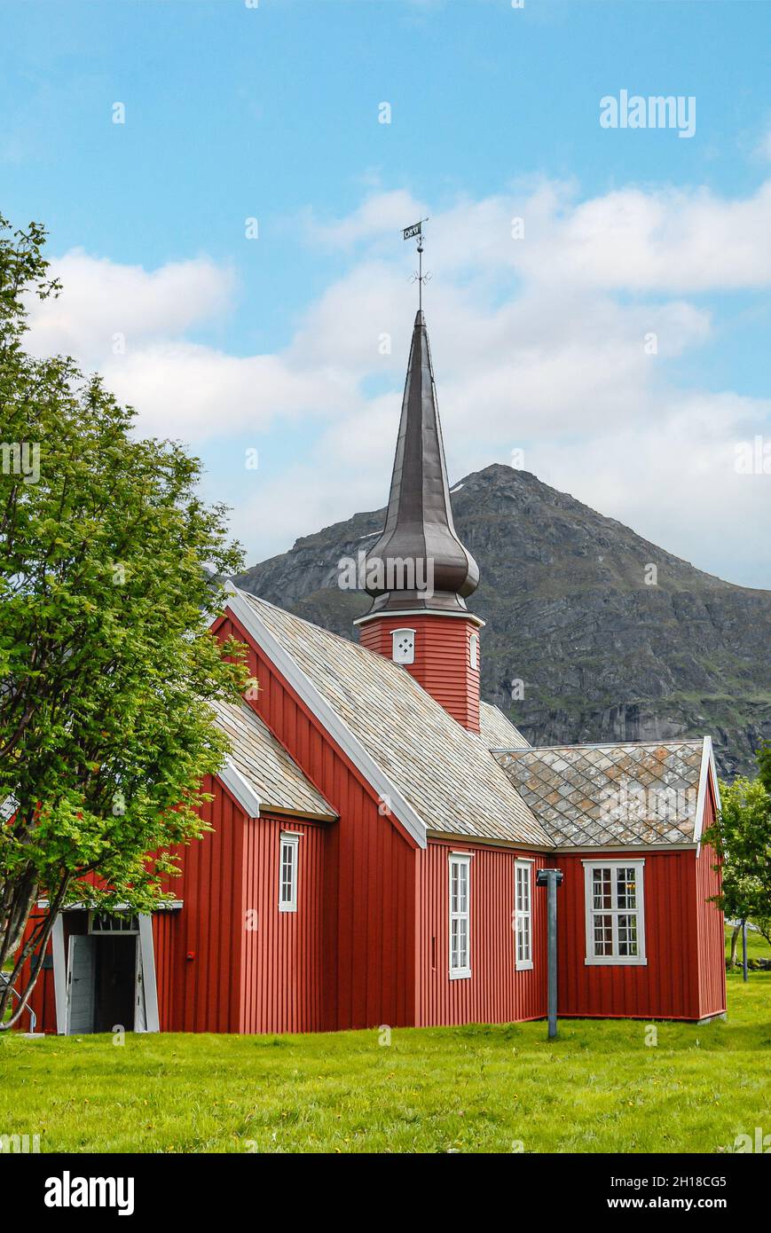 Stave Church of Flakstad, Lofoten Islands, Norway Stock Photo