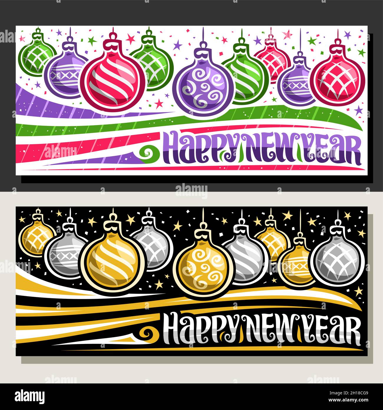 Vector banners for New Year, greeting card with illustrations of decorative flourishes, cartoon colorful christmas balls hanging on string for winter Stock Vector