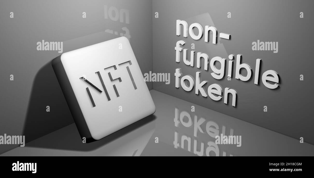 Non-fungible token NFT word and letters in monochrome colour, conceptual 3D illustration with lighting and shadows on virtual studio room walls Stock Photo