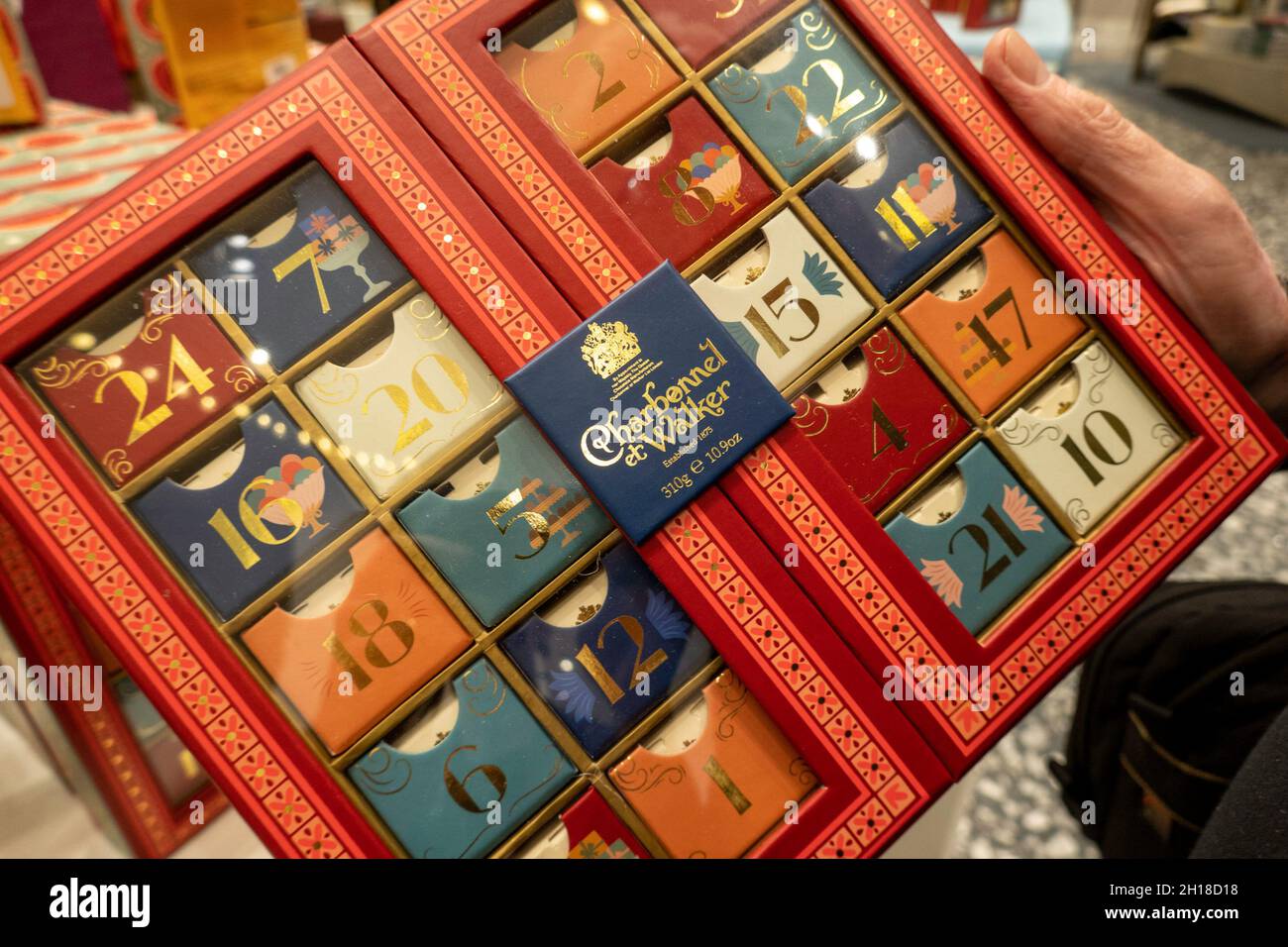 Christmas chocolate Advent calendar by Charbonnel et Walker is on display at Saks Fifth Avenue in New York City, USA  2021 Stock Photo
