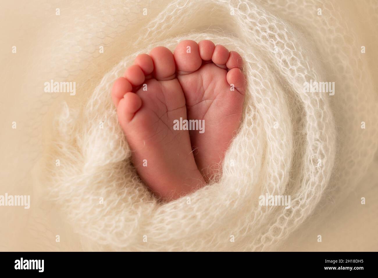 The feet of the newborn are wrapped in a knitted white blanket. Newborn