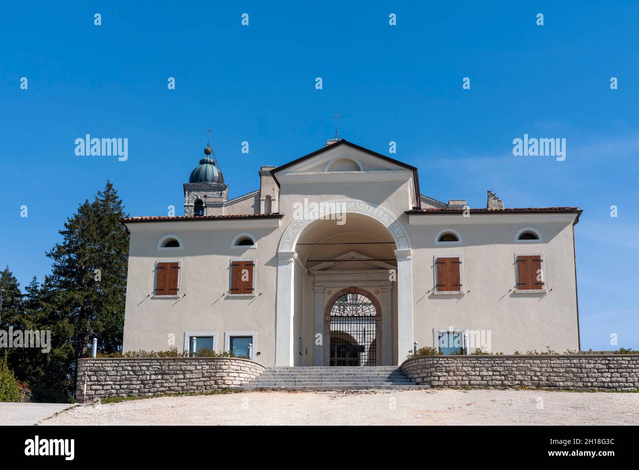 The facade of the Santuario di Montecastello, Roman Catholic church. Tignale, Lombardia, Italy. Stock Photo