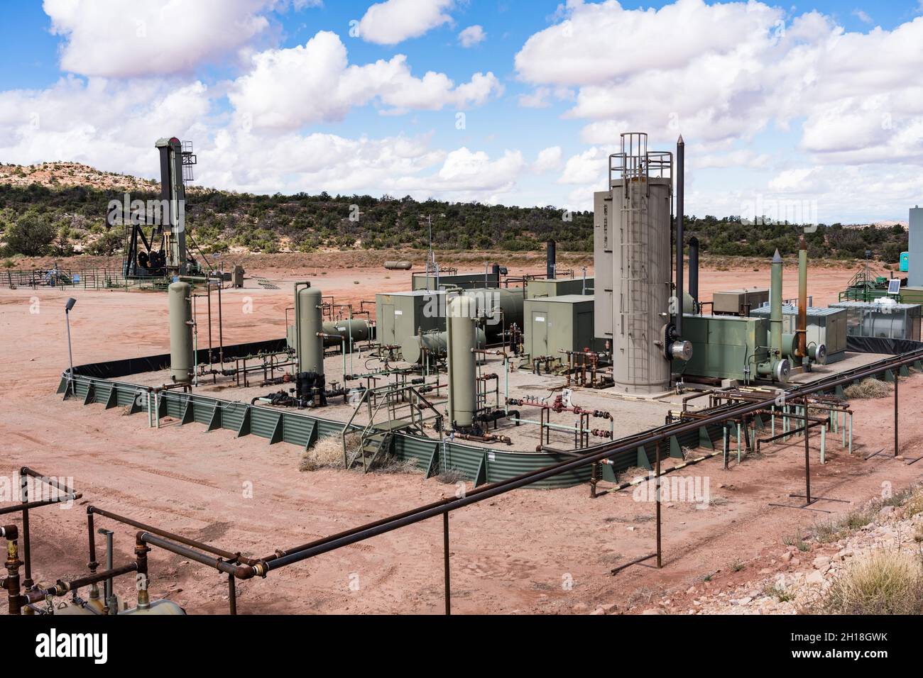Heater treaters and separators for separting oil, natural gas and water on an oil well location in Utah. Stock Photo