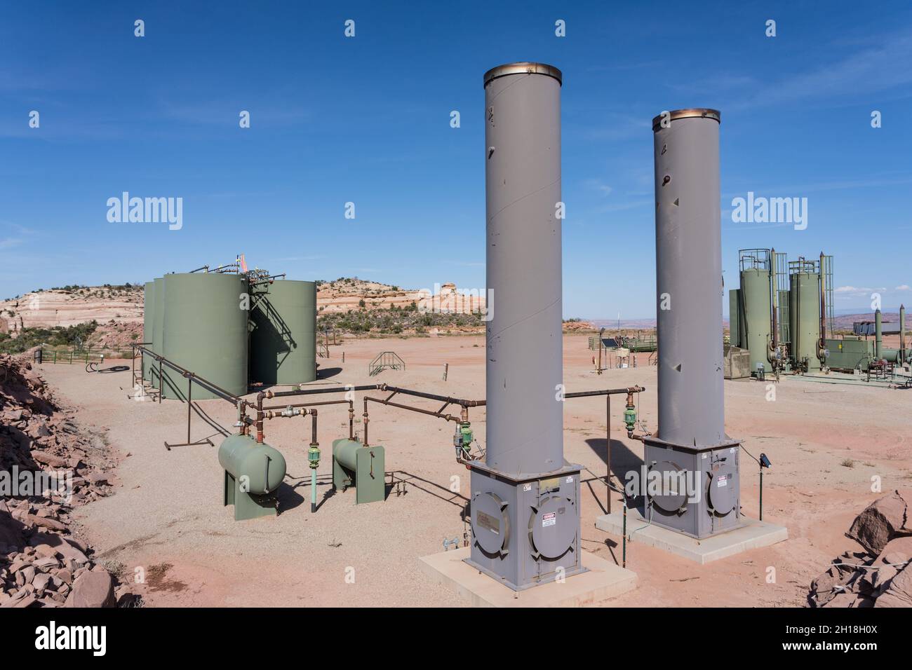 Heater treaters, separators and a crude oil storage tank battery on an