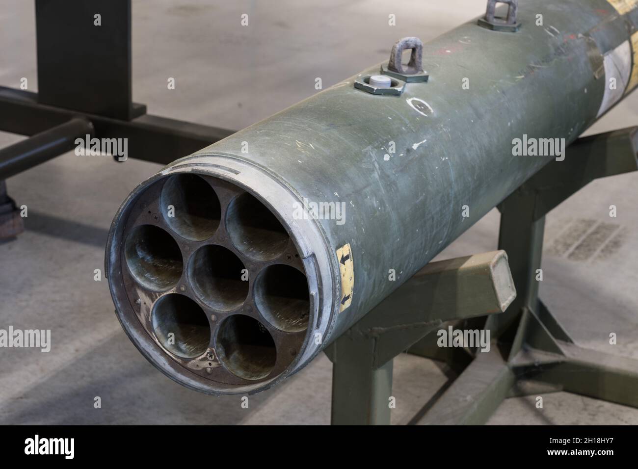 An LAU-131/A rocket launcher carried seven 2.75: unguided rockets and was used on a variety of U.S. military aircraft. Stock Photo