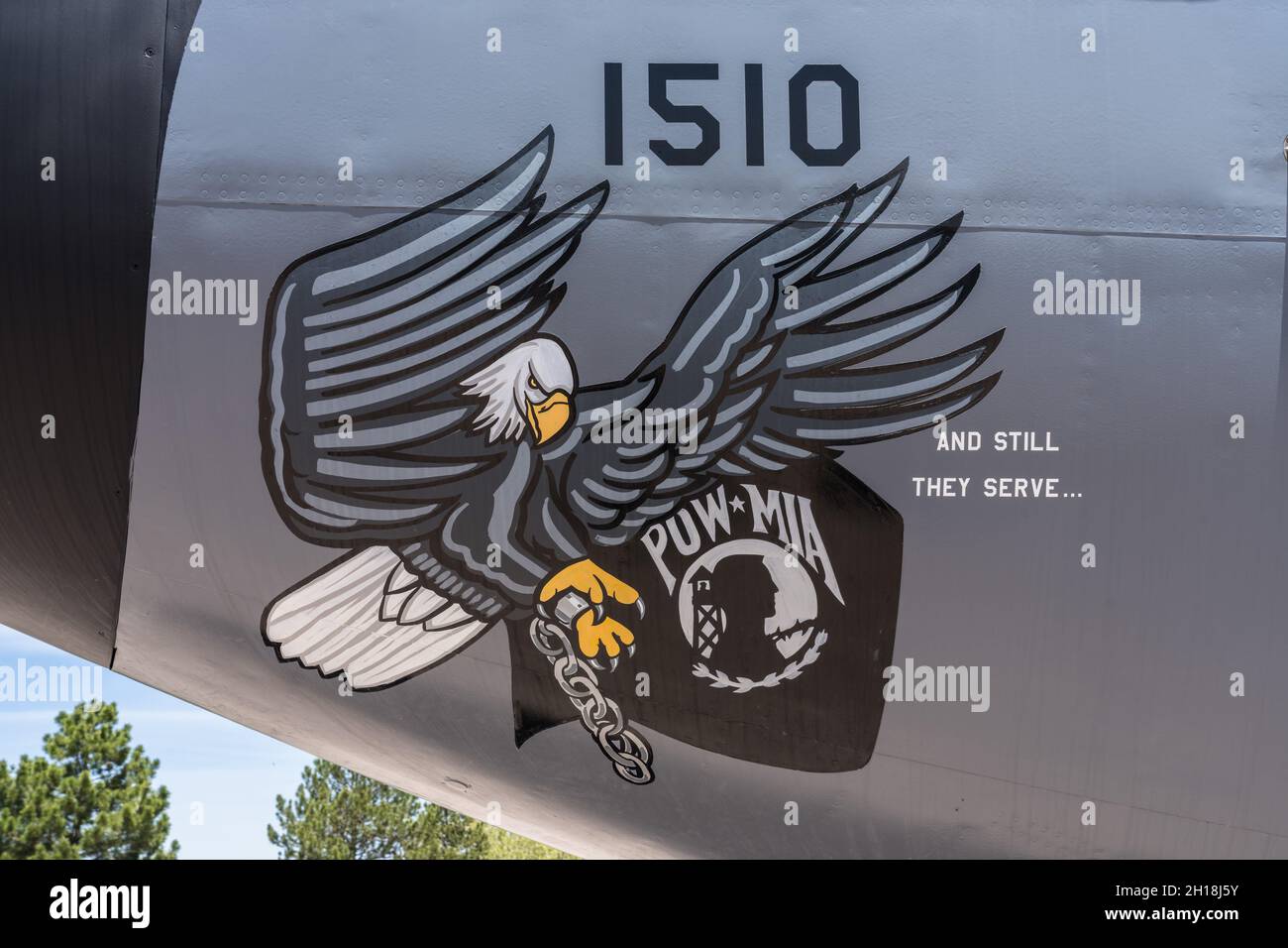 Nose art on a Boeing KC-135 Stratotanker air refueling tanker in the Hill Aerospace Museum. Stock Photo