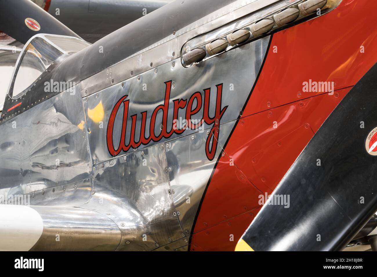 Nose art on a North American P-51D Mustang fighter in the Hill Aerospace Museum. Stock Photo