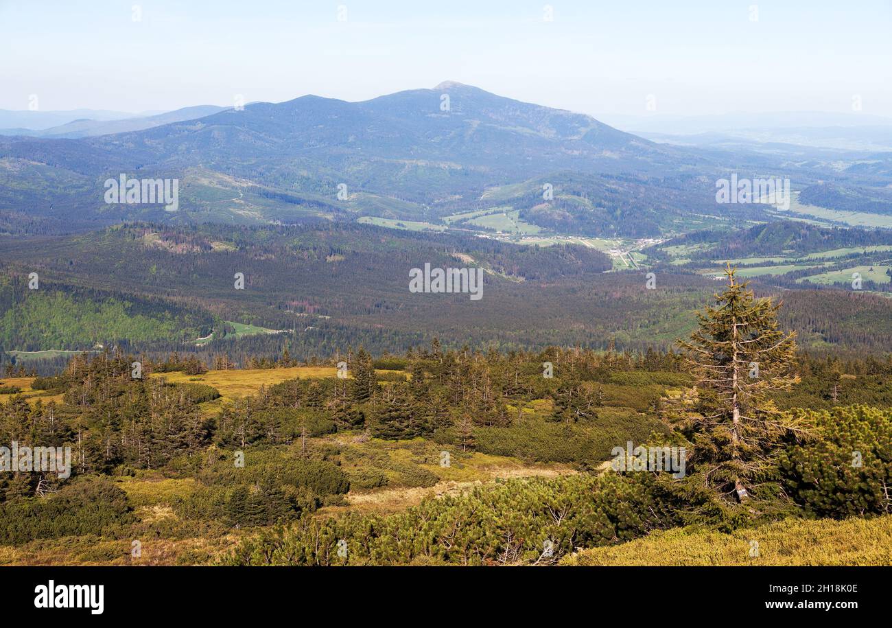 View from Babia Gora or Babi Hora to Slovakia - Poland and Slovakia border, Beskid, Carpathian mountains Stock Photo