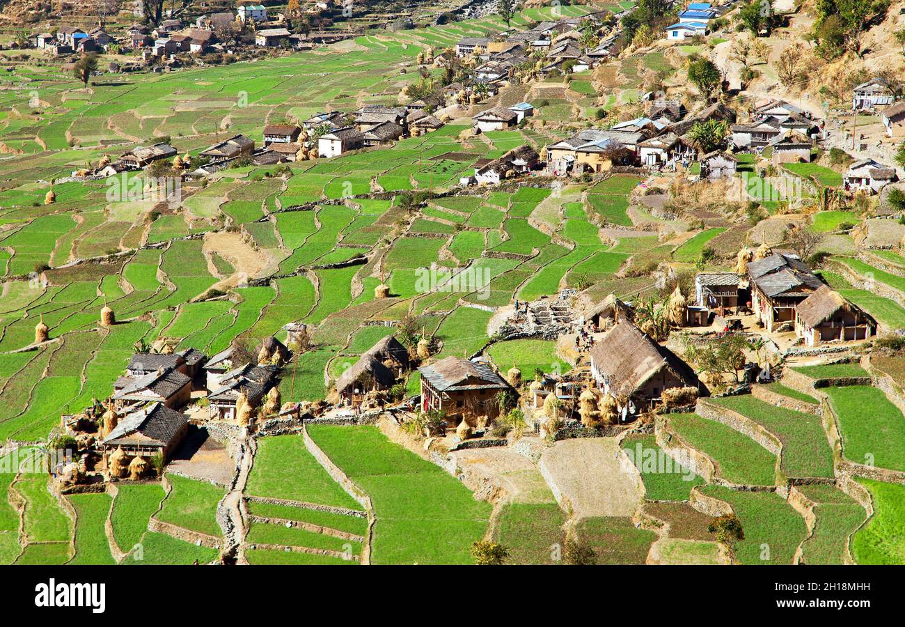 Dogadi village with terraced rice or paddy field - beautiful village in Western Nepal Stock Photo