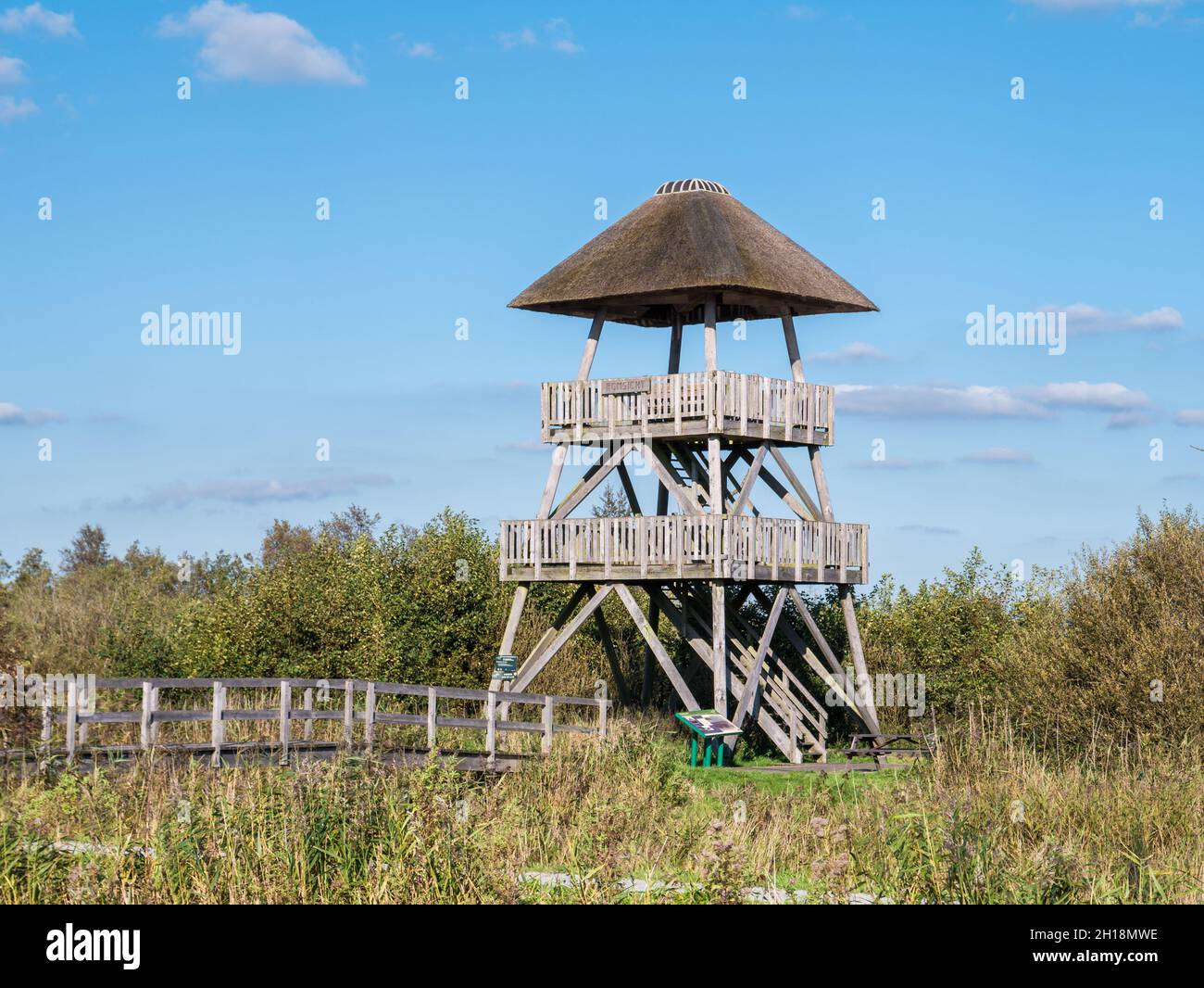 Wooden watch tower Romsicht with viewing platform in nature reserve national park Alde Feanen in Friesland, Netherlands Stock Photo