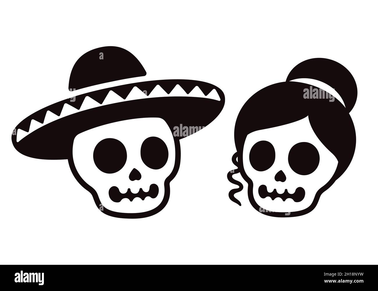 Cartoon Mexican skull couple, male in sombrero and female. Dia de los Muertos (Day of the Dead) or Halloween vector illustration. Simple black and whi Stock Vector