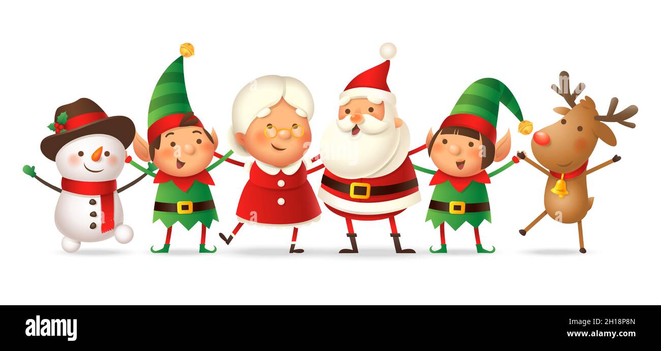 Cute friends Santa Claus, Mrs Claus, Elves girl and boy, Reindeer and Snowman celebrate Christmas holidays - vector illustration isolated Stock Vector