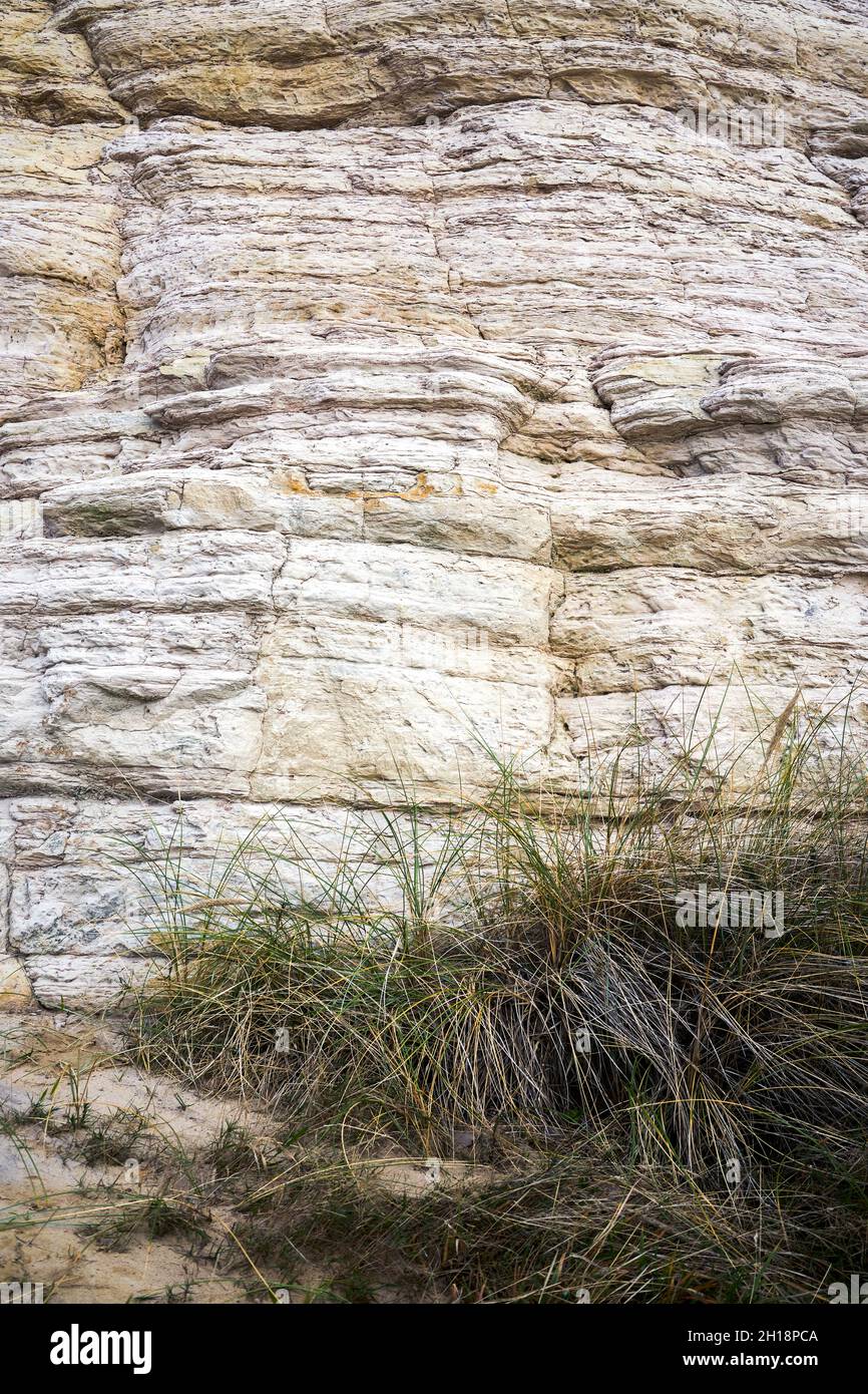 Layers of sandstone rock formed during the Eocene period that make up the east cliff at Bournemouth in Dorset UK Stock Photo